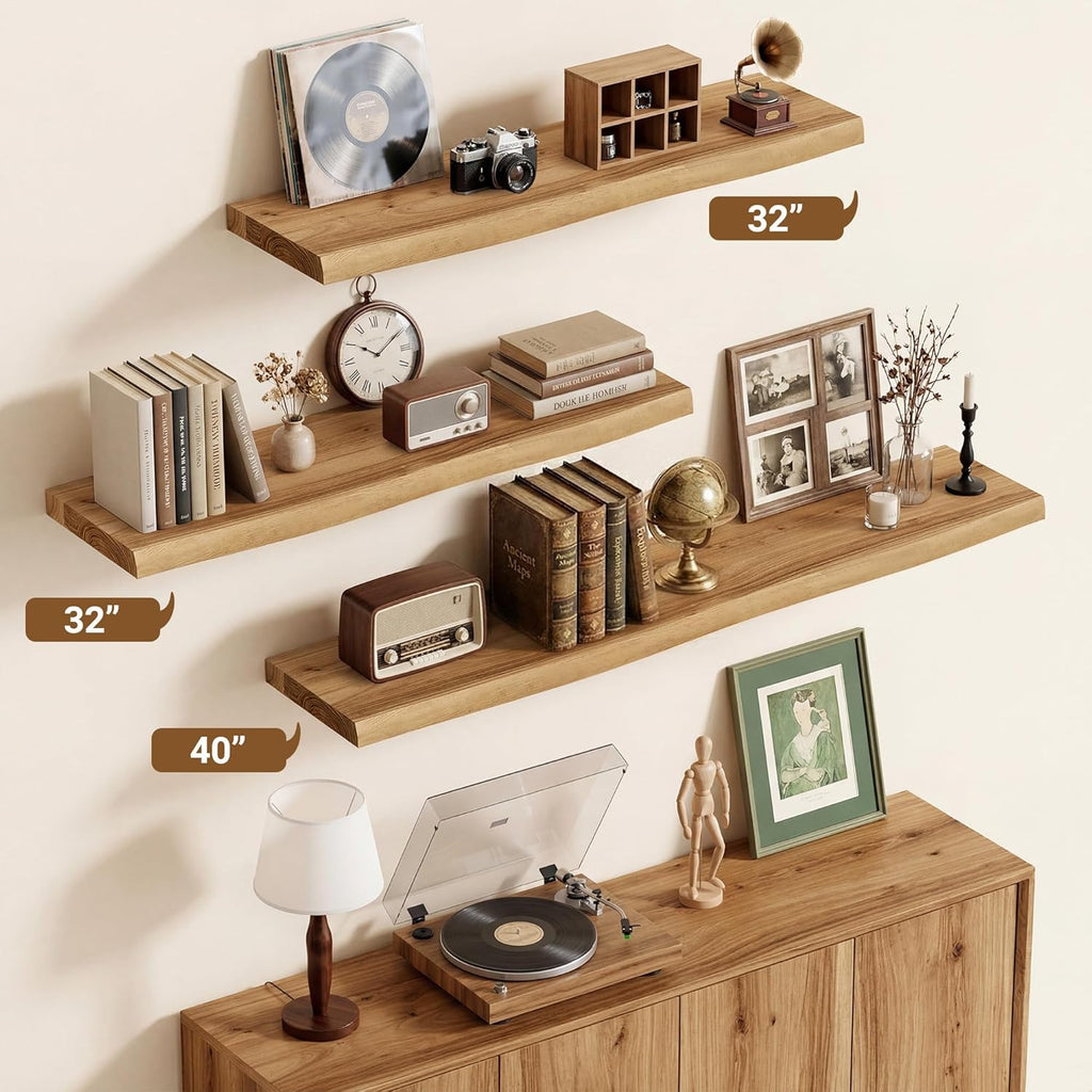Vivelove Live Edge Floating Shelves Solid Wood, Elm Shelves for Wall with Invisible Bracket for Living Room Bedroom Bathroom Office Book, Rustic Farmhouse Wooden Shelf, 32 Inch Set of 2- Natural