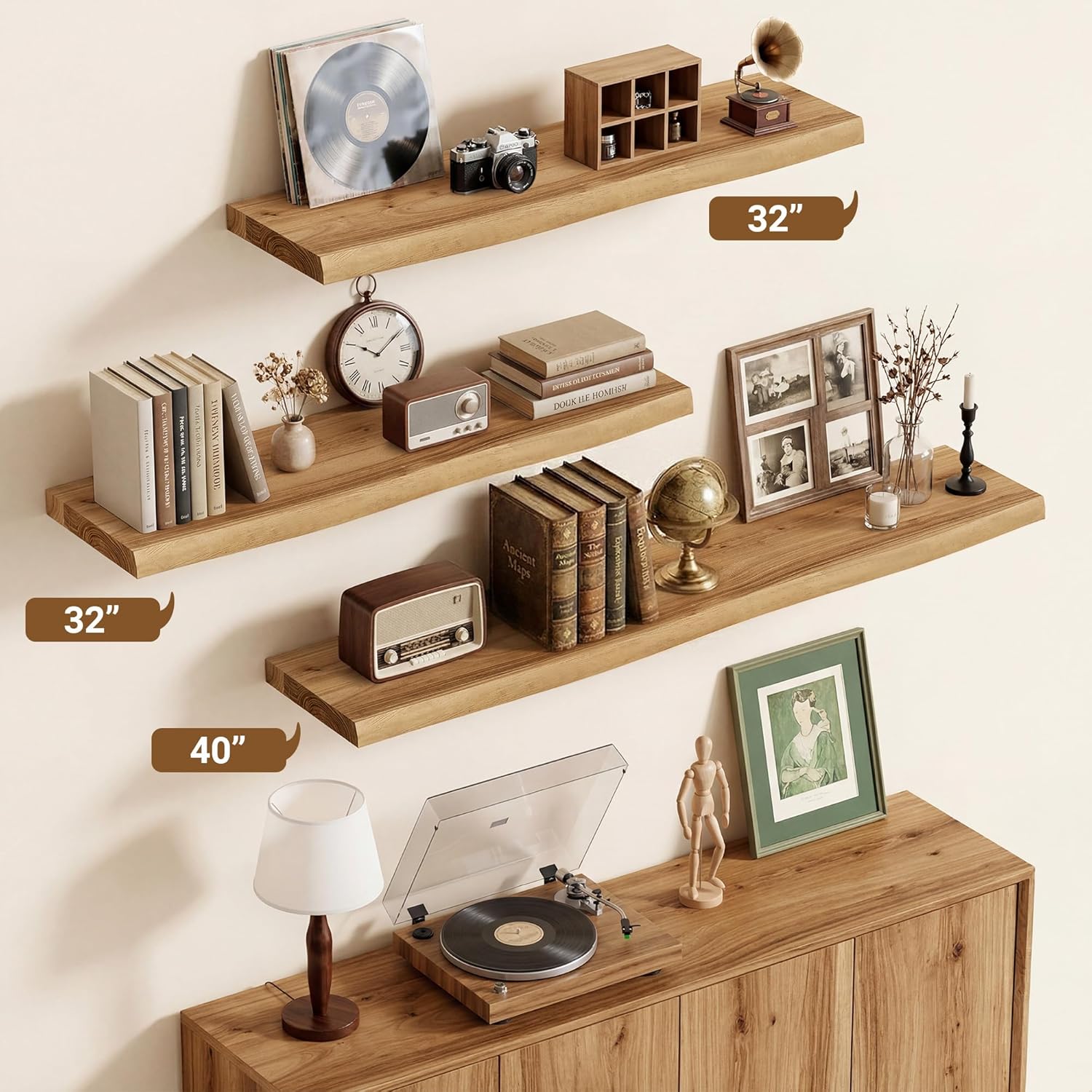 Vivelove Live Edge Floating Shelves Solid Wood, Elm Shelves for Wall with Invisible Bracket for Living Room Bedroom Bathroom Office Book, Rustic Farmhouse Wooden Shelf, 32 Inch Set of 2- Natural
