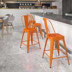 EMMA + OLIVER Commercial Grade 24" H Orange Metal Indoor-Outdoor Counter Height Stool w/Back