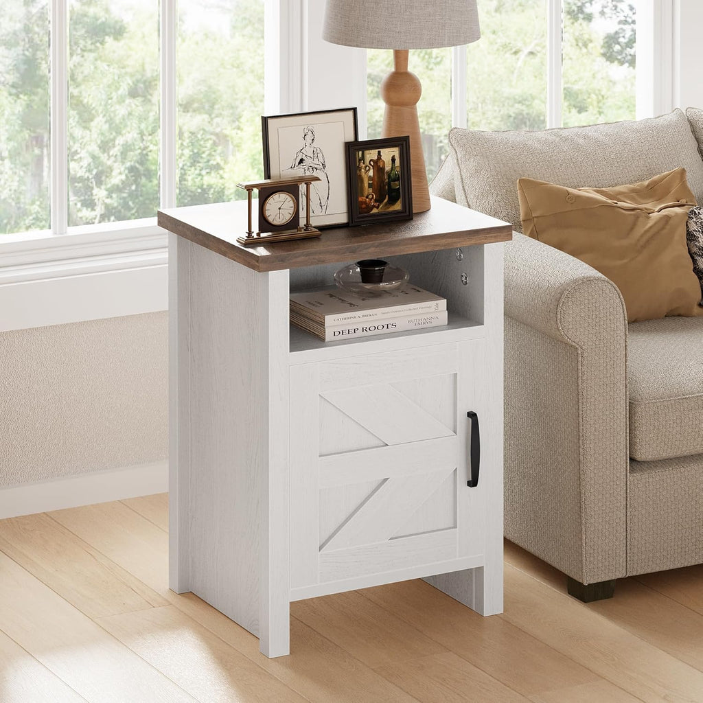 JUMMICO Farmhouse Nightstand, Modern Bedside Table with Barn Door and Shelf, Rustic End Table Side Table for Bedroom,Living Room(2, White)