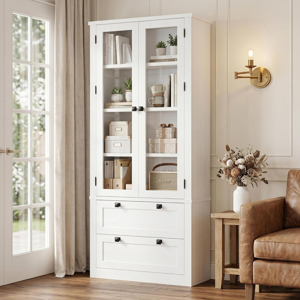 71" Tall Kitchen Pantry Cabinet - Modern Display Storage Cabinet with 2 Large Drawers, Glass Doors, and Adjustable Shelves, Farmhouse Kitchen Cupboard for Dining Room, Bathroom, Living Room, White