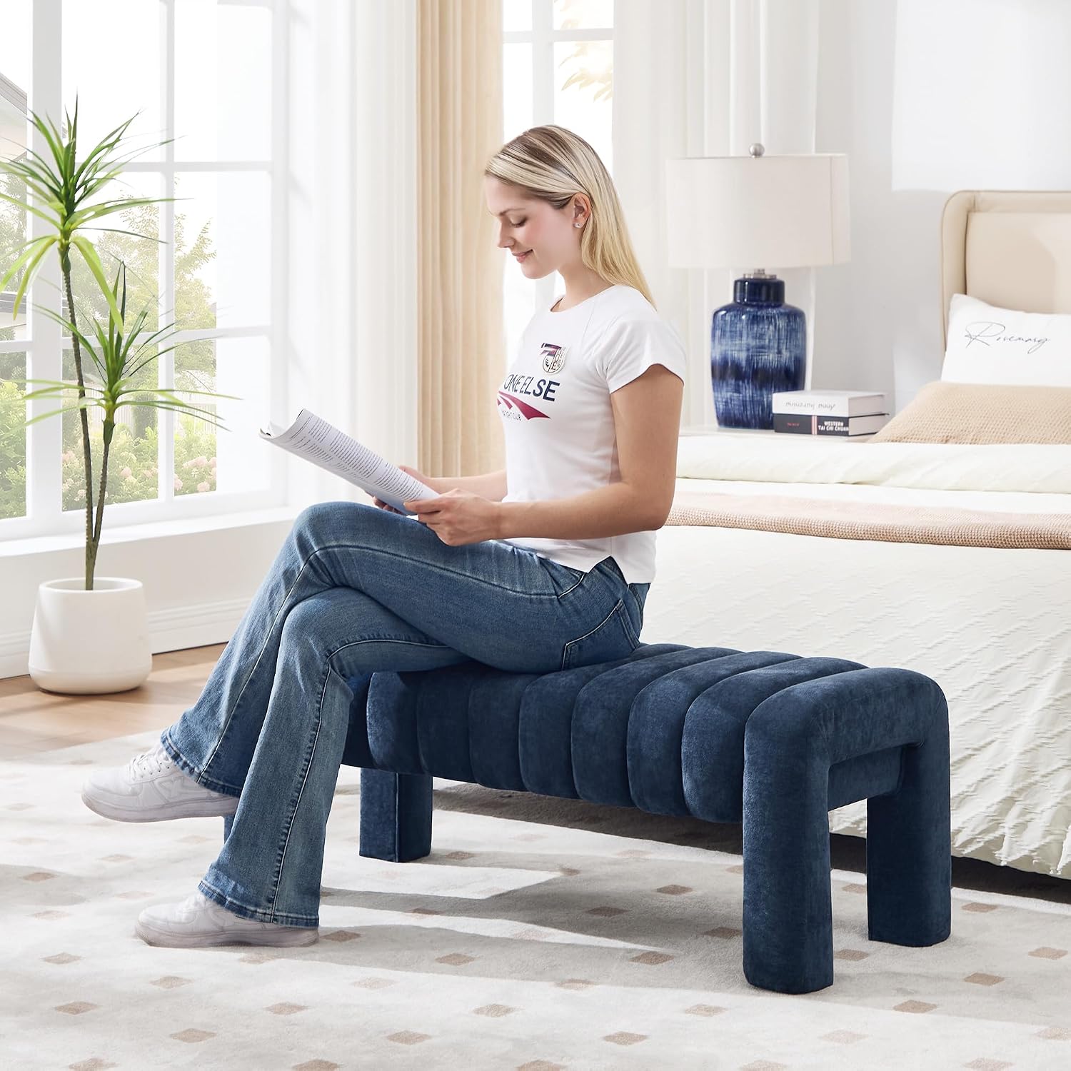 43.3" Bedroom Bench, Upholstered Entryway Bench, Modern End of Bed Ottoman with Solid Wood Legs and Adjustable Foot Pegs for Entryway, Dining Room and Living Room (Blue Chenille)