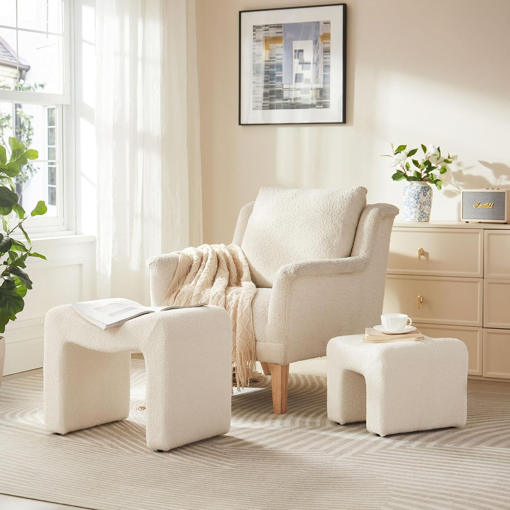 Ottoman Vanity Stool Chair Small Footstool Seating Backless Modern Foot Rest Teddy Velvet Ottoman Set of 2 for Makeup Room Living Room Bedroom Entryway,White (2-in-1)