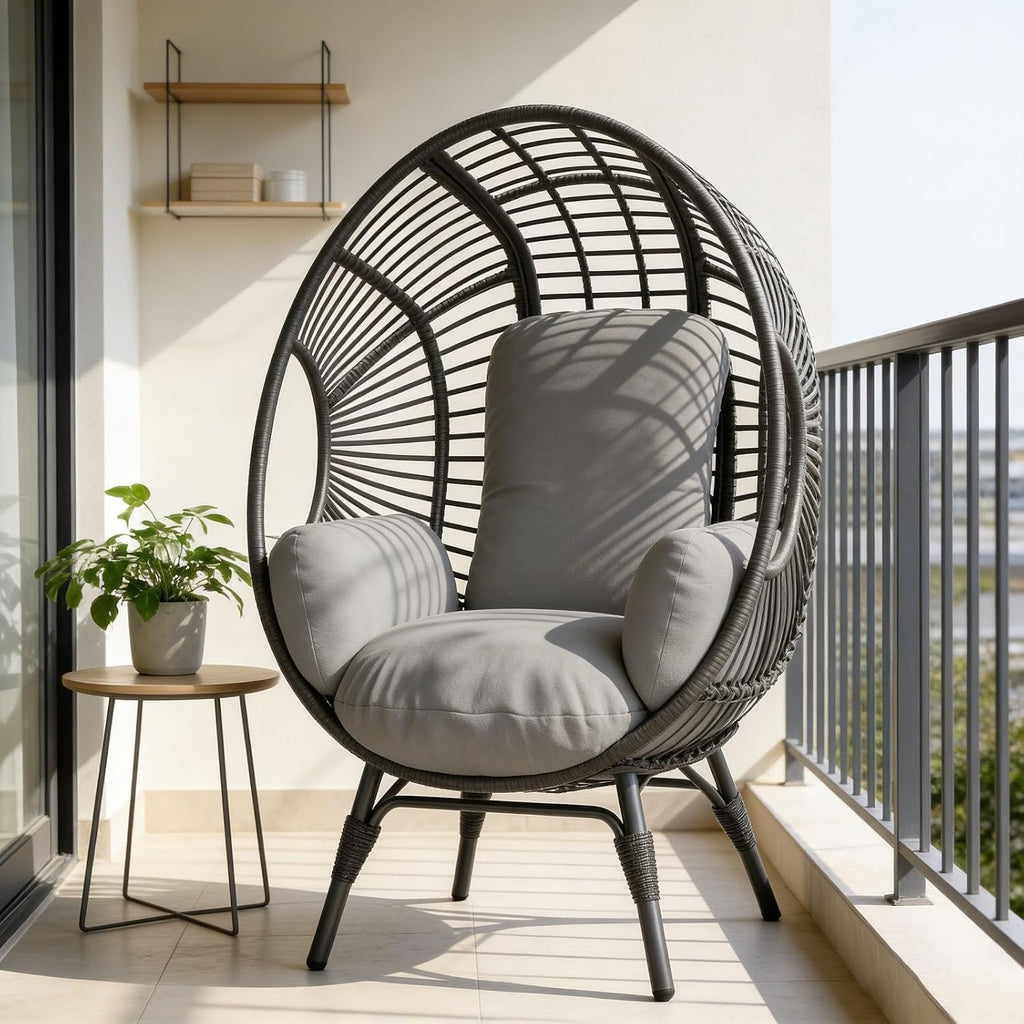 Egg Chair Wicker with 8-Inch Cushion, Indoor Outdoor, 400lbs Capacity, Rust-Resistant Balcony Chairs(Black+Gray)