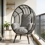 Egg Chair Wicker with 8-Inch Cushion, Indoor Outdoor, 400lbs Capacity, Rust-Resistant Balcony Chairs(Black+Gray)