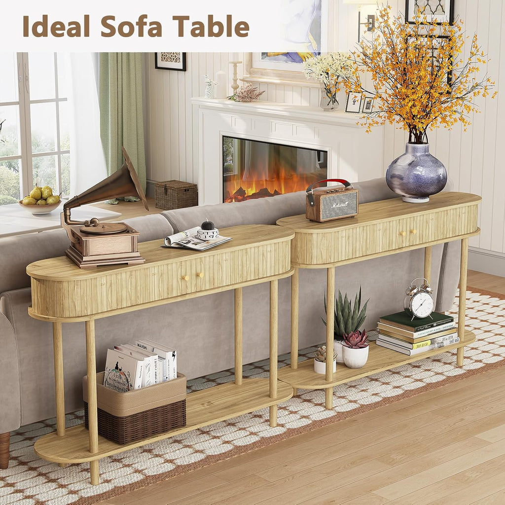 ARTPOWER 47.2" Modern Entryway Table with Wood Tambour Door, Accent Behind Couch Sofa Console Table with Storage, Fluted Side Table for Hallway, Living Room, Foyer, Natural Wood