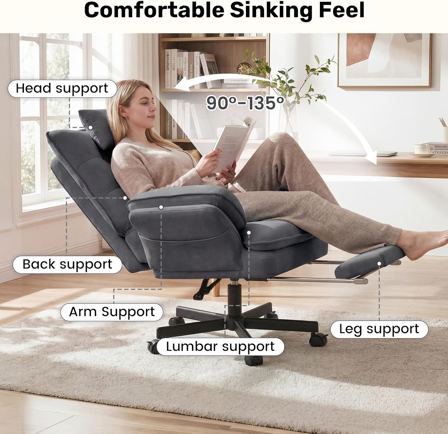 Criss Cross Office Chair with Flip-Up Armrests and Headrest, 135° Reclining Swivel Velvet Criss Cross Chair with Wheels & Foot Rest, Big and Tall Cloud Cross Legged Office Chair for Home, Gray