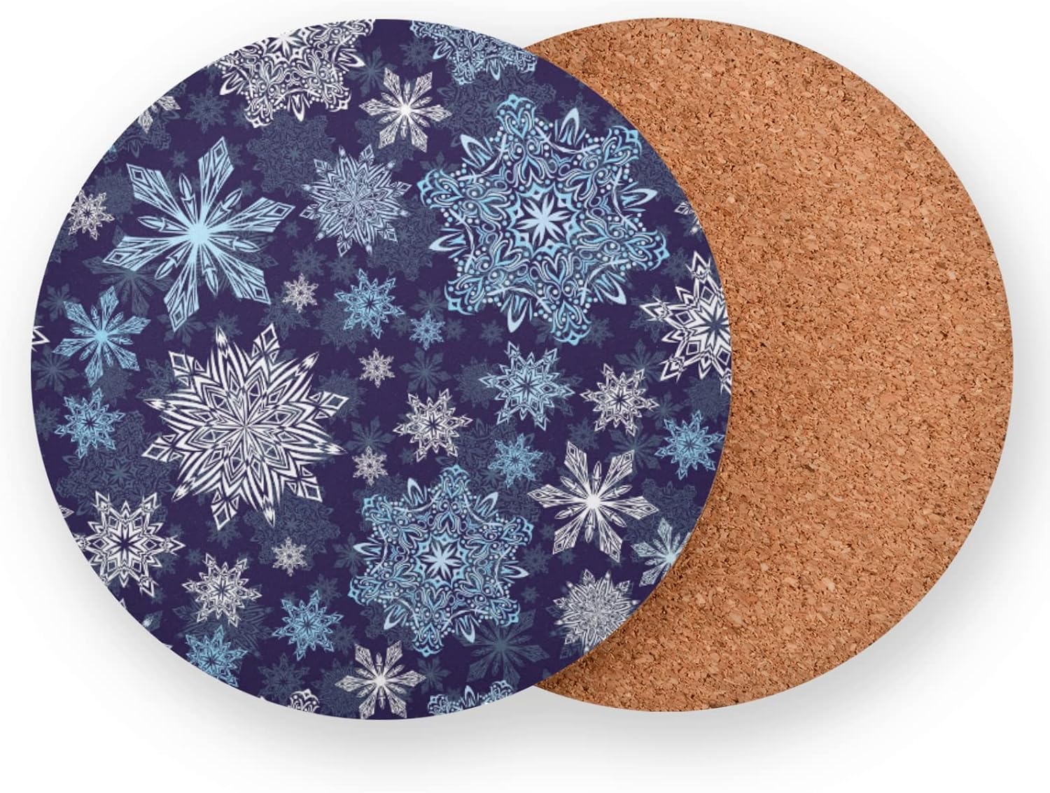 4 Pieces Blue & White Snowflake Christmas Coasters Set, Non-slip Heat-Resistant Absorbent Drink Coaster with Cork Base, Round Cup Mat Pad for Kitchen Bar Cafe Deco, Perfect Housewarming Gifts 3.9" x 0