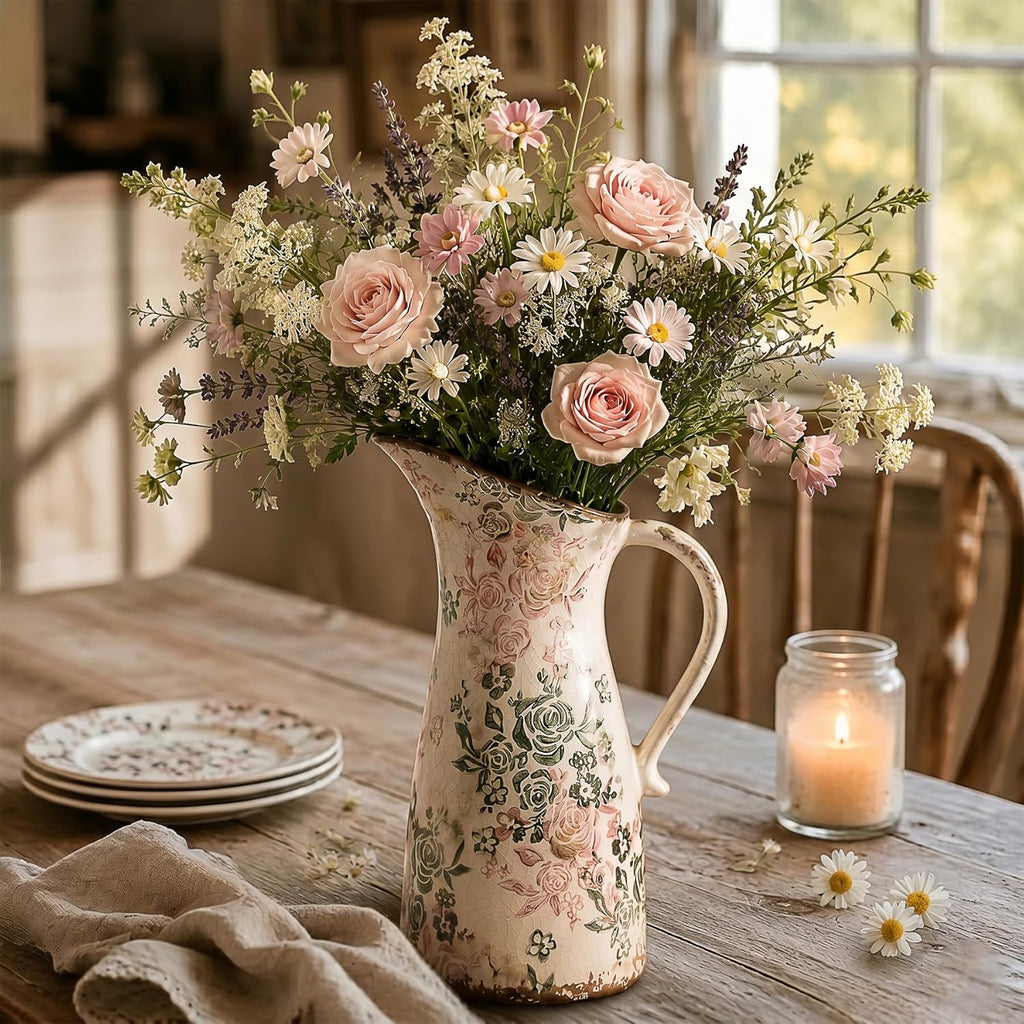 Vintage Ceramic Pitcher Vase with Handle 10.5”, Green & Pink Floral Farmhouse Vase, Chinoiserie Decorative Centerpiece for Living Room, Bookshelf