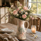 Vintage Ceramic Pitcher Vase with Handle 10.5”, Green & Pink Floral Farmhouse Vase, Chinoiserie Decorative Centerpiece for Living Room, Bookshelf