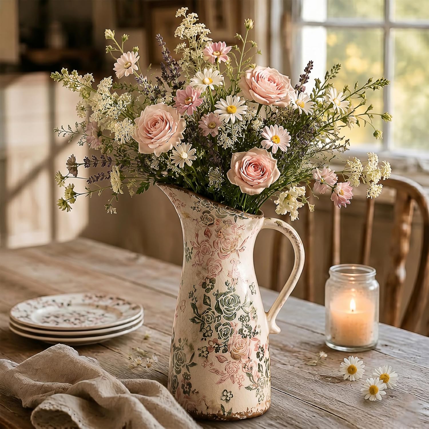 Vintage Ceramic Pitcher Vase with Handle 10.5”, Green & Pink Floral Farmhouse Vase, Chinoiserie Decorative Centerpiece for Living Room, Bookshelf