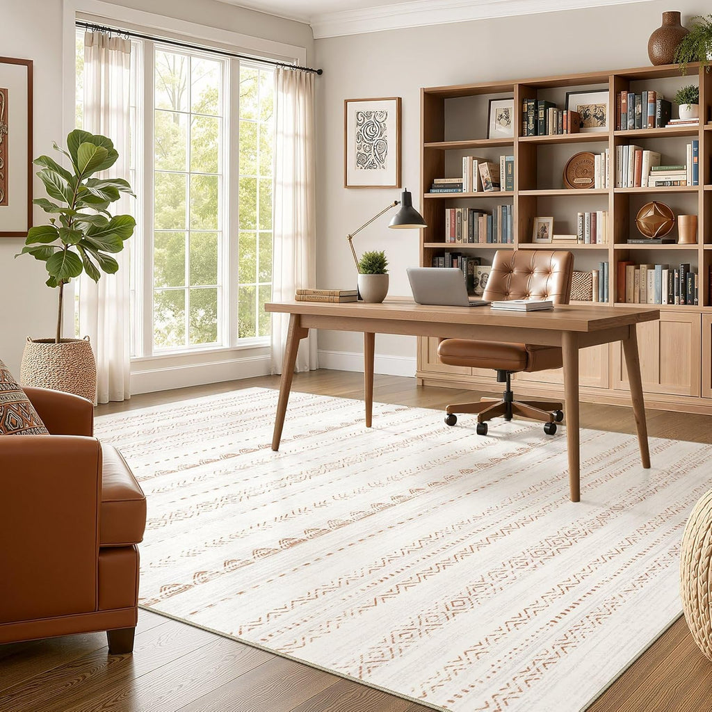 Nakagishi Area Rug Living Room Rugs: 5x7 Large Soft Machine Washable Boho Moroccan FarmNeutral Stain Resistant Indoor Floor Carpet for Bedroom Under Dining Table Home Office Decor-Cream Brown