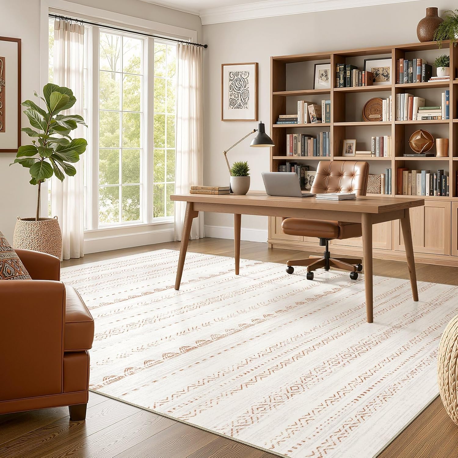 Nakagishi Area Rug Living Room Rugs: 5x7 Large Soft Machine Washable Boho Moroccan FarmNeutral Stain Resistant Indoor Floor Carpet for Bedroom Under Dining Table Home Office Decor-Cream Brown