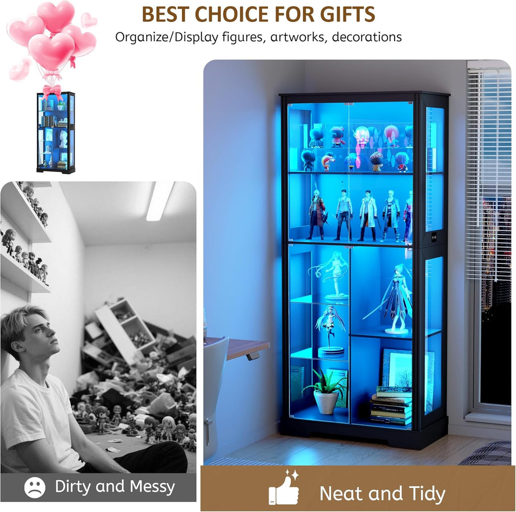 Gurexl Modern Glass Display Cabinet with Human Body Sensor, 7-Tier Curio Cabinet with Glass Doors & 3 Color Lights, Tall Display Case for Collectibles, Living Room, Black