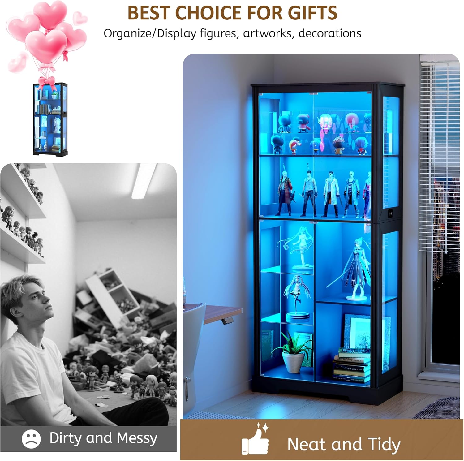 Gurexl Modern Glass Display Cabinet with Human Body Sensor, 7-Tier Curio Cabinet with Glass Doors & 3 Color Lights, Tall Display Case for Collectibles, Living Room, Black
