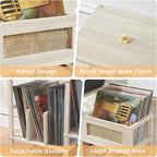 LELELINKY Record Player Stand, White Cream Oak Wood Record Holder with Vinyl Storage Holds up to 300+ Albums, 3-Tier Rattan Media Table with Vinyl Display Shelf, Record Storage Cabinet for Living Room