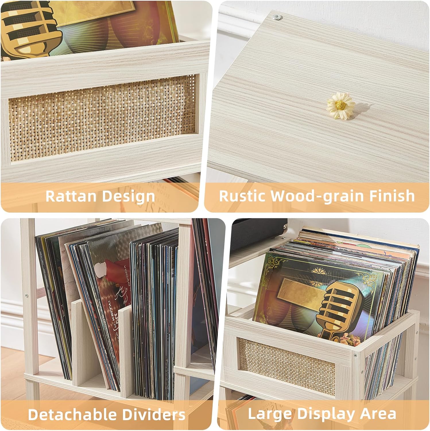 LELELINKY Record Player Stand, White Cream Oak Wood Record Holder with Vinyl Storage Holds up to 300+ Albums, 3-Tier Rattan Media Table with Vinyl Display Shelf, Record Storage Cabinet for Living Room