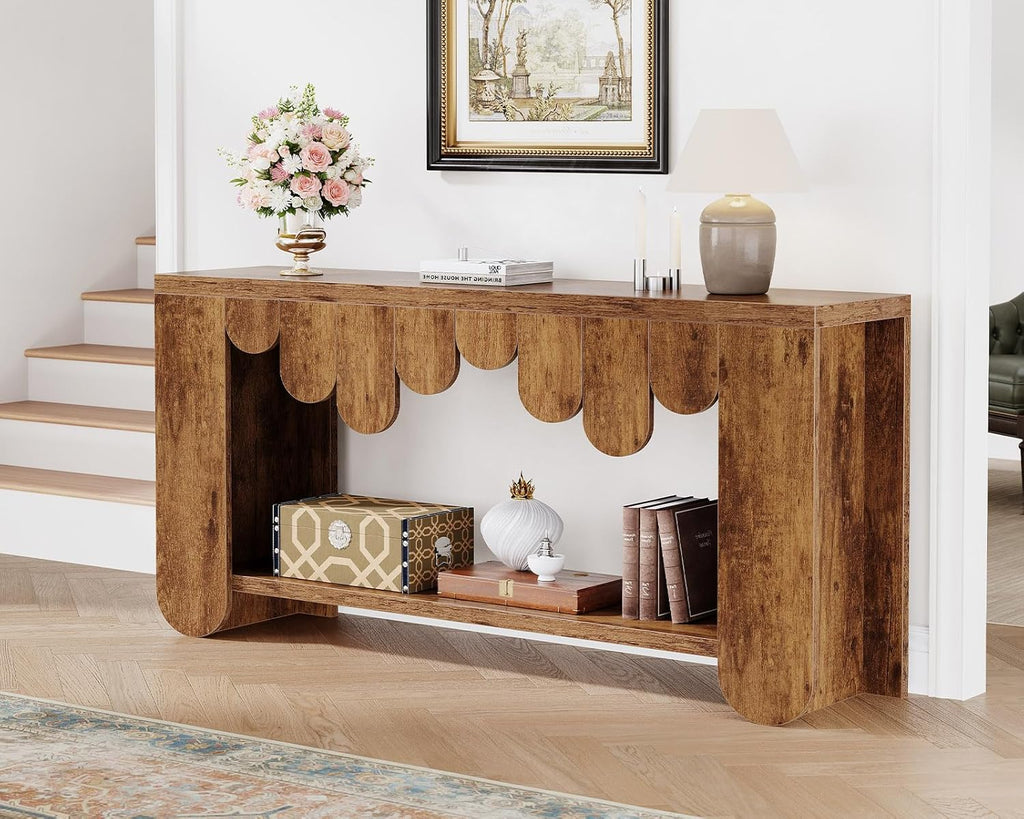 IBF 63” Long Entryway Table, 2-Tier Console Table with Storage, Farmhouse Wooden Rectangular Sofa Table Behind The Couch, Modern Entry Table for Hallway Entrance Foyer Home Living Room, Rustic Brown