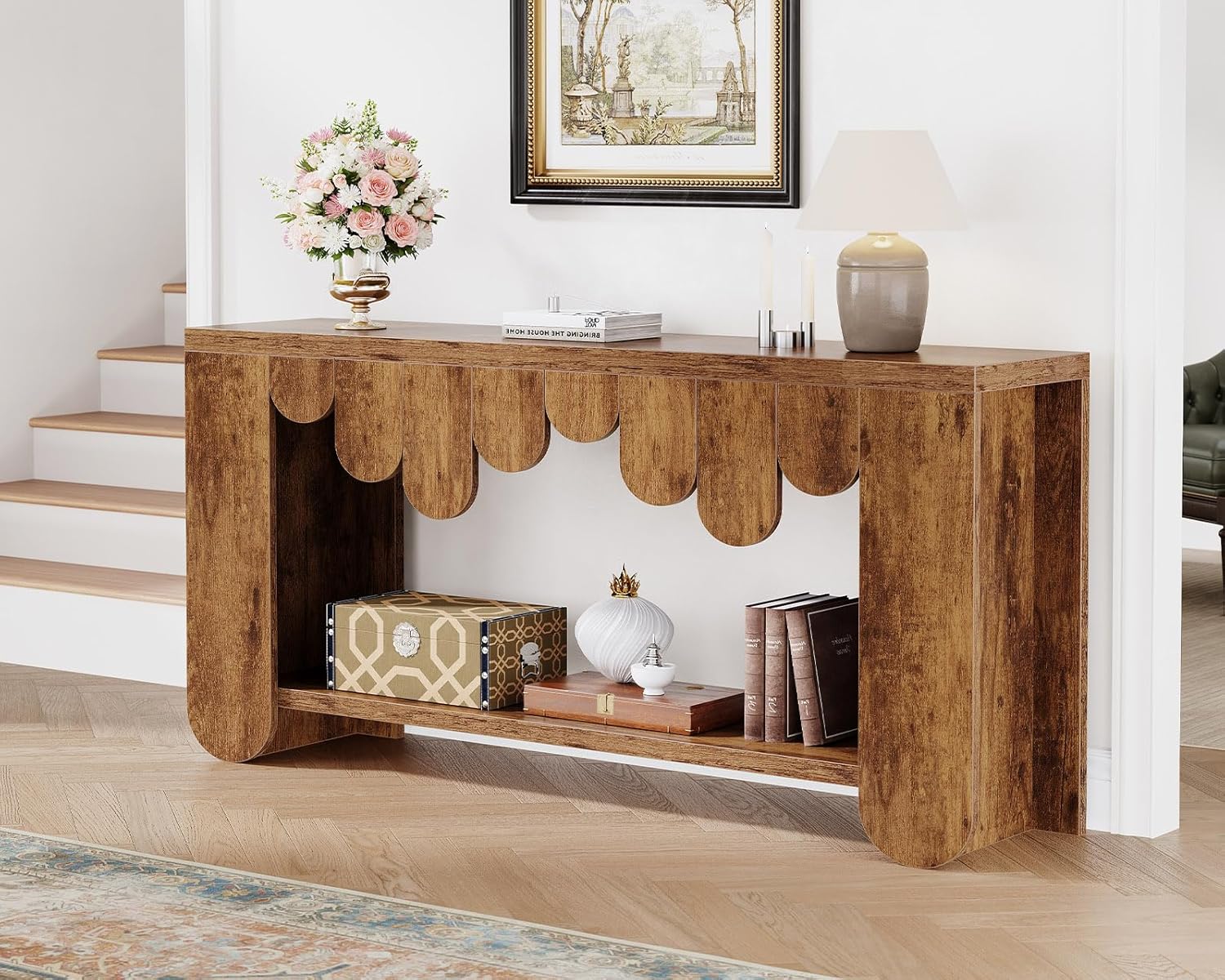IBF 63” Long Entryway Table, 2-Tier Console Table with Storage, Farmhouse Wooden Rectangular Sofa Table Behind The Couch, Modern Entry Table for Hallway Entrance Foyer Home Living Room, Rustic Brown