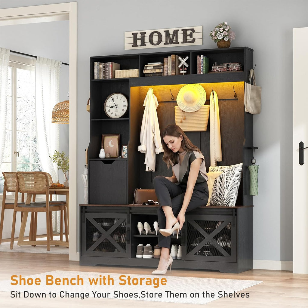 75''H 59''W Large LED Farmhouse Hall Tree with Bench and Shoe Storage,Entryway Bench with Coat Rack,16 Shoe Cubbies & Umbrella Holder and Sock Storage Drawer,Mudroom/Hallway Storages Cabinet(black)