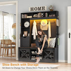 75''H 59''W Large LED Farmhouse Hall Tree with Bench and Shoe Storage,Entryway Bench with Coat Rack,16 Shoe Cubbies & Umbrella Holder and Sock Storage Drawer,Mudroom/Hallway Storages Cabinet(black)