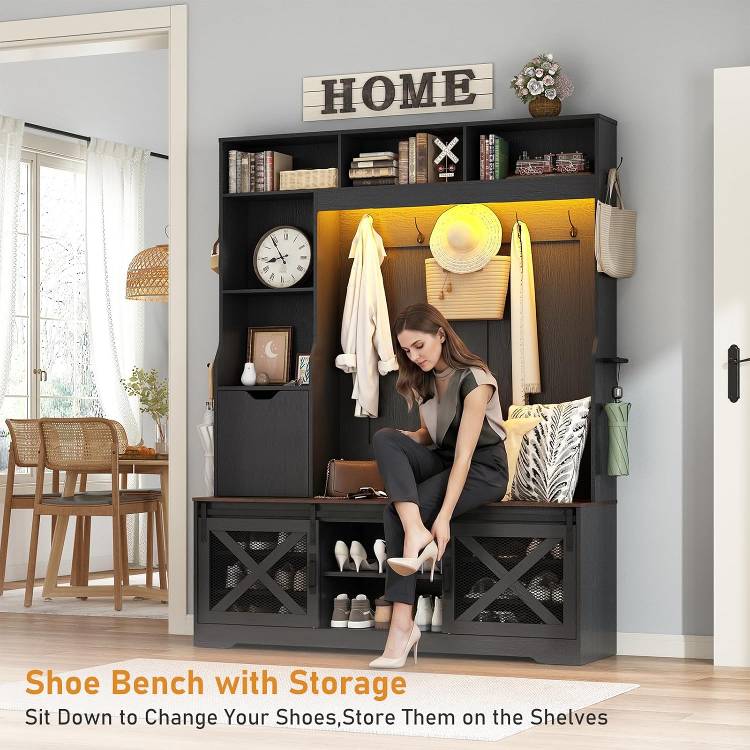 75''H 59''W Large LED Farmhouse Hall Tree with Bench and Shoe Storage,Entryway Bench with Coat Rack,16 Shoe Cubbies & Umbrella Holder and Sock Storage Drawer,Mudroom/Hallway Storages Cabinet(black)