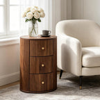 FurSch Fully Assembled Round End Table, Fluted Mid Century Side Table with 3 Storage Drawers for Living Room, Bedroom, Couch (Walnut-2 pcs)