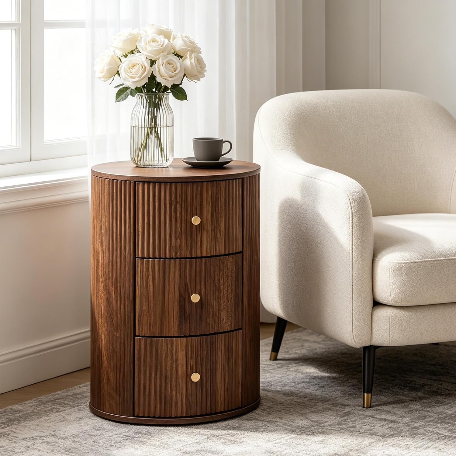 FurSch Fully Assembled Round End Table, Fluted Mid Century Side Table with 3 Storage Drawers for Living Room, Bedroom, Couch (Walnut-2 pcs)