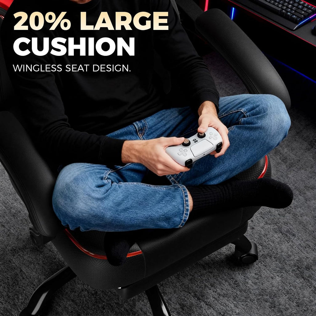 GTPLAYER Big and Tall Gaming Chair for Adults, Ergonomic Office Chair with Footrest, Heavy Duty 350 lbs Capacity, High Back, Premium Leather & Iridescent Trim, ACE-Armor, Black & Red