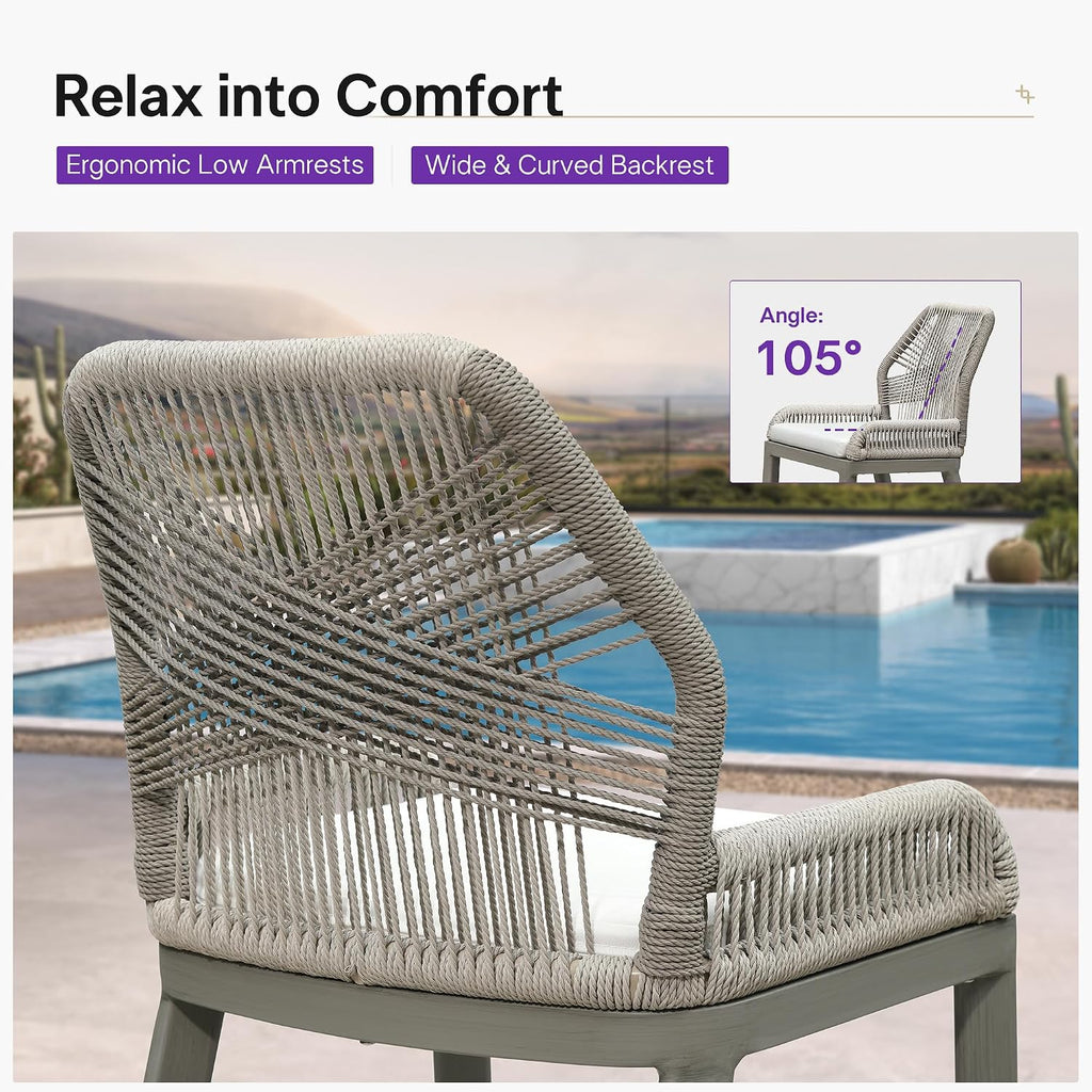 PURPLE LEAF Patio Bar Stools 28" H Set of 2 Handwoven Wicker Bar Height Stool Modern Aluminum High Bar Chairs Outdoor Wicker Barstools with Back and Cushion for Kitchen Pool Island