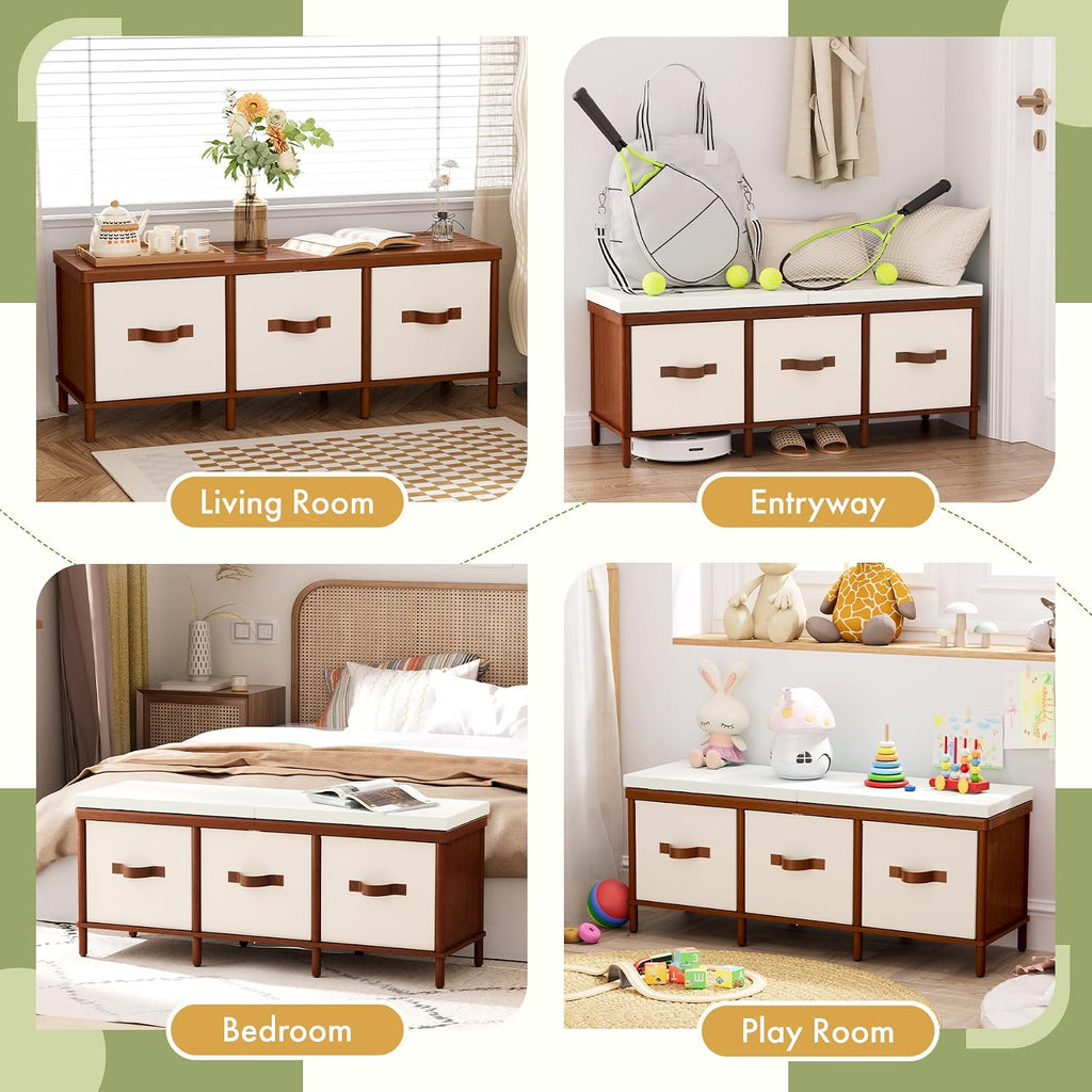Storage Bench, 43.3" Bamboo Storage Chest with 3 Drawer, Entryway Bench with Cushioned Seat, Shoe Bench with Storage Toy Box, Toy Chest Storage Bench for Entryway, Living Room, Bedroom, Walnut