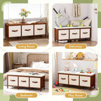 Storage Bench, 43.3" Bamboo Storage Chest with 3 Drawer, Entryway Bench with Cushioned Seat, Shoe Bench with Storage Toy Box, Toy Chest Storage Bench for Entryway, Living Room, Bedroom, Walnut