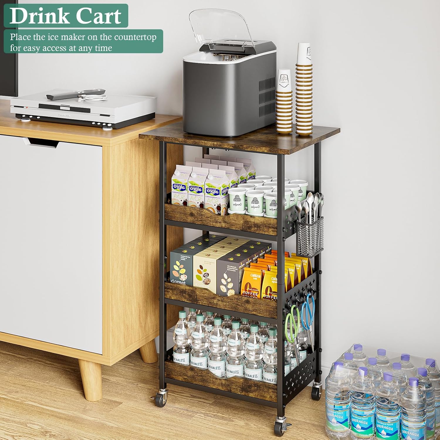 XYZLVSI Rolling Kitchen Microwave Cart, 4 Tier Microwave Table Stand with Fruit Baskets, Kitchen Storage Rack on Wheels, Small Coffee Bar Station Shelf Organizer for Pantry, Living Room Office
