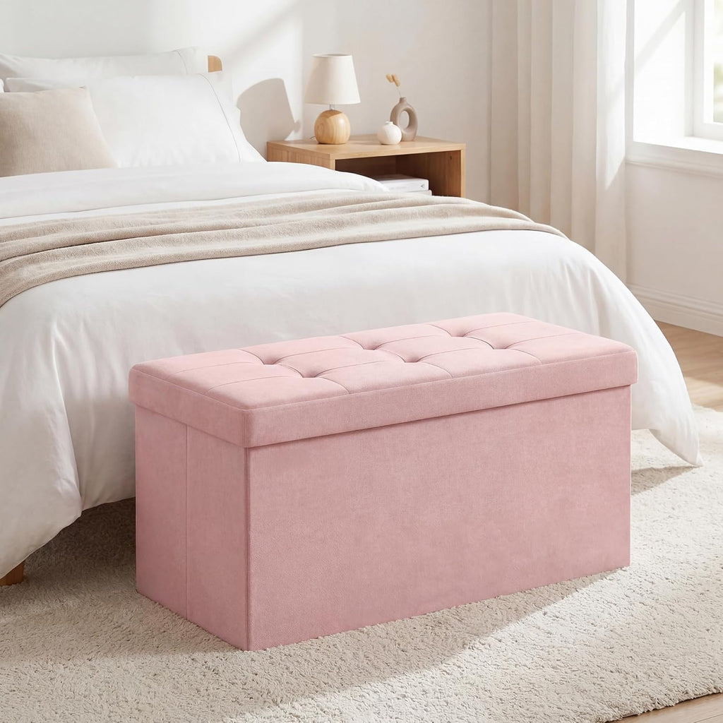 SONGMICS HOME Ottoman with Storage, Removable Lid, Folding Storage Chest, Easy Assembly, for Entryway, Bedroom, Living Room, 15.2 x 30.2 x 15.2 Inches, Velvet, Pink