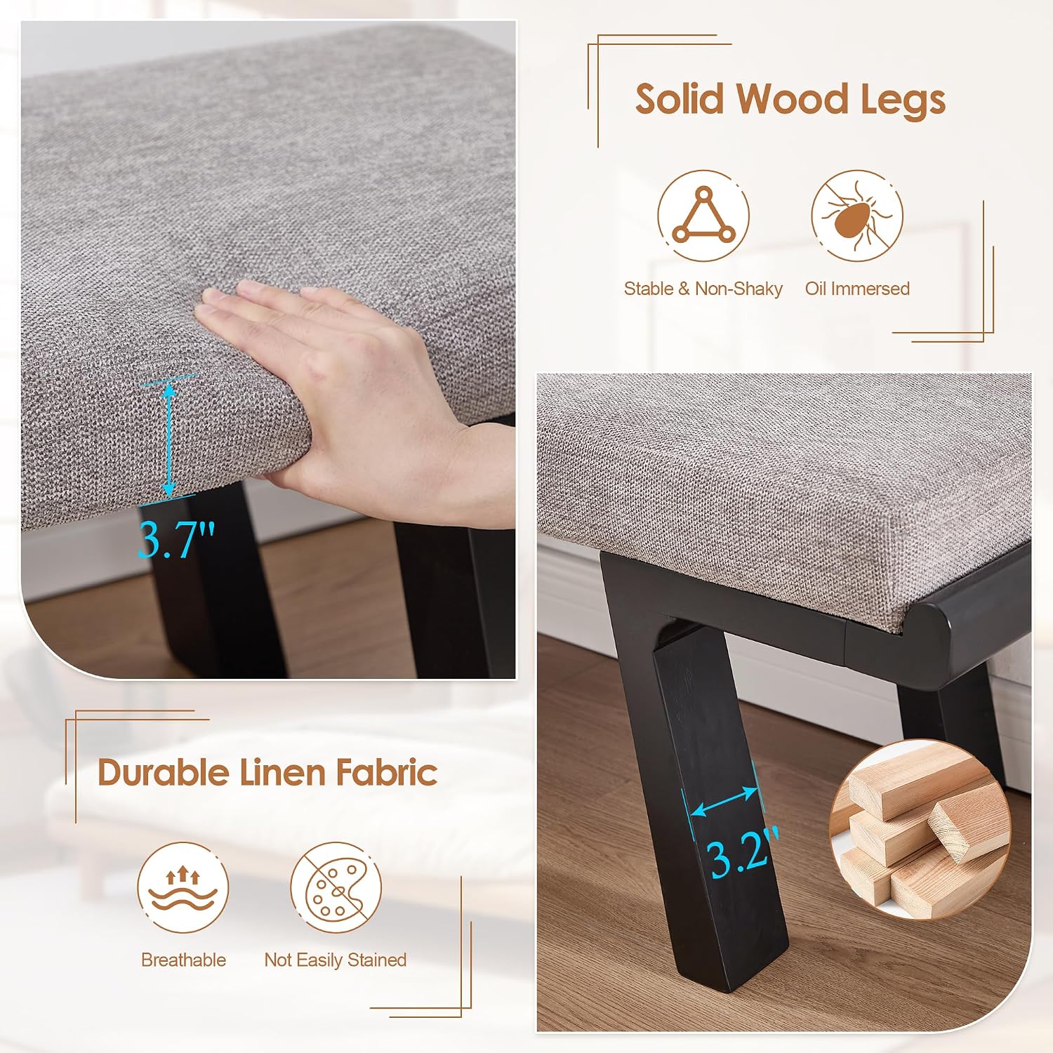 Zesthouse Solid Wood Bench for Bedroom End of Bed, Upholstered Small Entryway Bench with Cushion, 47" Grey Linen Ottoman Bench with Black Wood Legs, Modern Dining Bench Seat, for Indoor Living Room