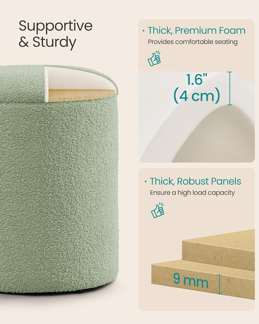 SONGMICS Vanity Stool, Set of 2, Round Storage Ottoman, Small Ottoman Coffee Table, Foot Stool, Removable Lid, for Living Room, Bedroom, Hallway, Easy Assembly, Teddy Fleece, Laurel Green ULOM013CZ01