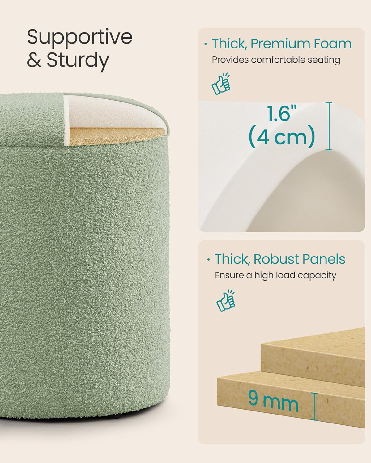 SONGMICS Vanity Stool, Set of 2, Round Storage Ottoman, Small Ottoman Coffee Table, Foot Stool, Removable Lid, for Living Room, Bedroom, Hallway, Easy Assembly, Teddy Fleece, Laurel Green ULOM013CZ01