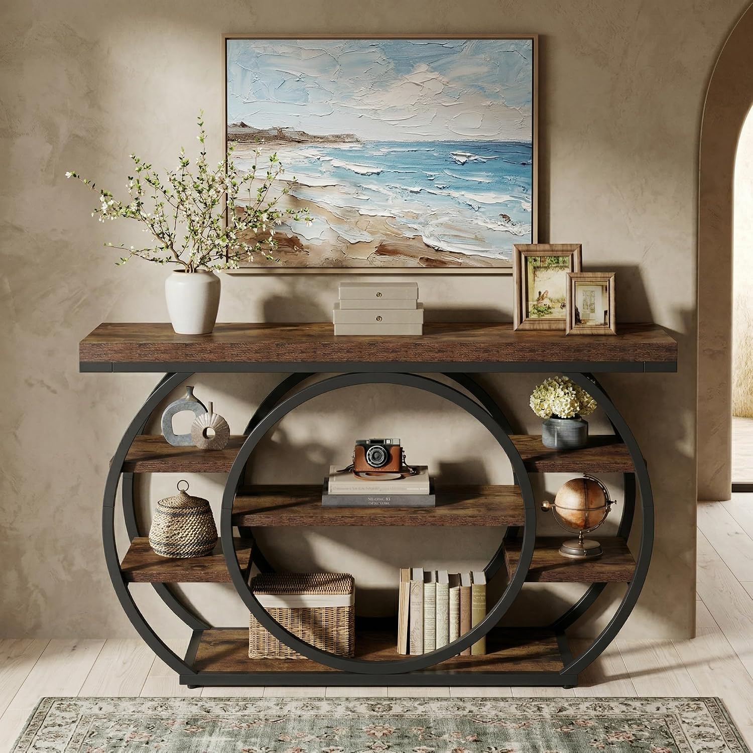 Tribesigns 47” Console Table, Industrial 5-Tier Entryway Table with Metal Frame, Narrow Console Sofa Table for Living Room, Hallway, Rustic Brown
