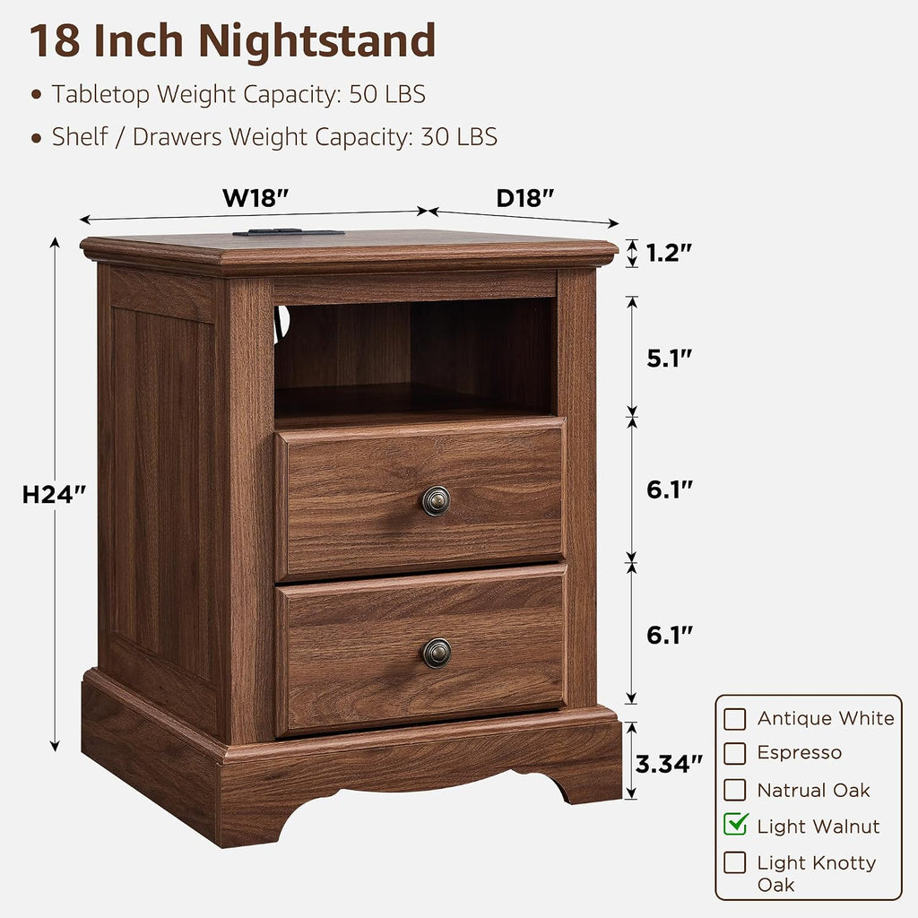 T4TREAM Nightstand Set of 2 with Charging Station, 18" W Vintage End Table with 2 Drawers & Open Storage Shelf, Wood Rustic Sofa Side Table for Living Room, Bedroom, Light Walnut