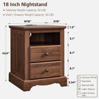T4TREAM Nightstand Set of 2 with Charging Station, 18" W Vintage End Table with 2 Drawers & Open Storage Shelf, Wood Rustic Sofa Side Table for Living Room, Bedroom, Light Walnut
