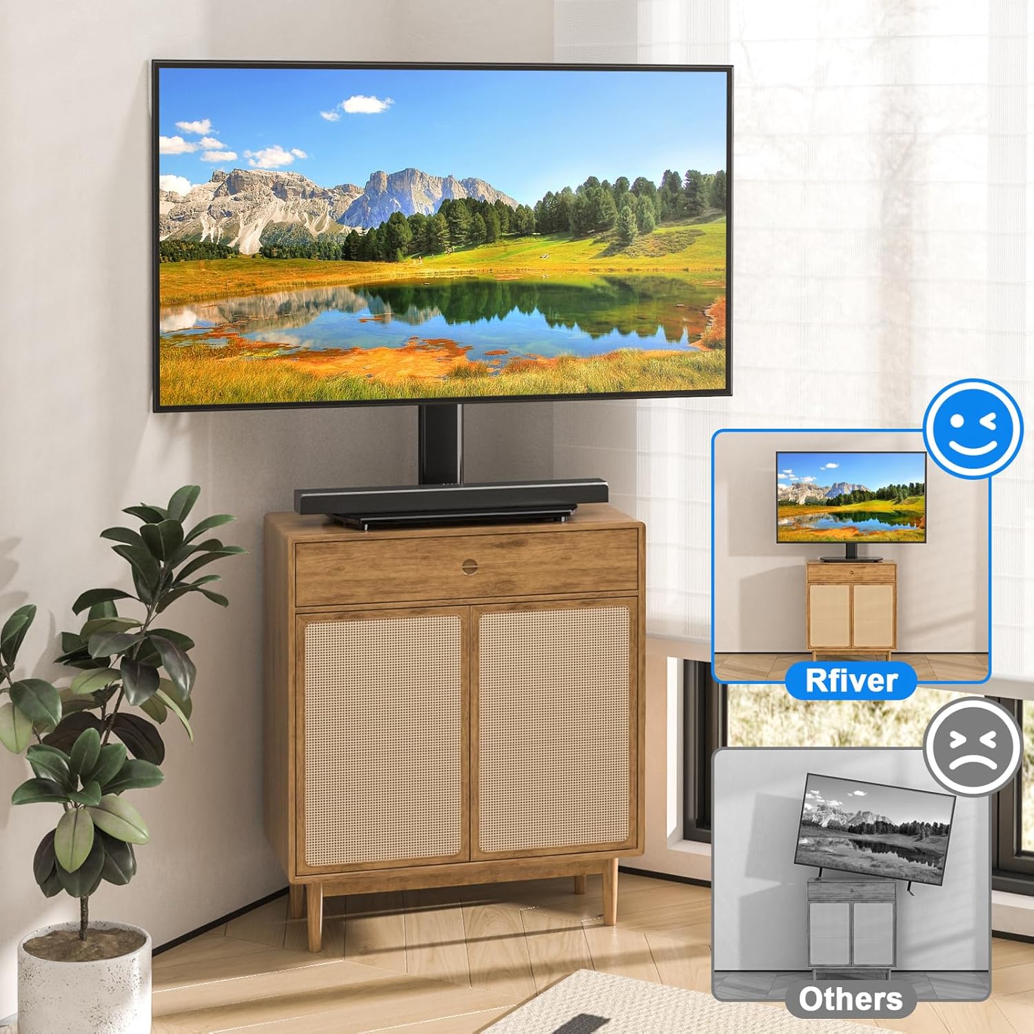 Rfiver Universal Swivel TV Stand for 27-50 55 60 Inch TVs, Height Adjustable Table Top TV Stand Mount Hold up to 88 lbs, Pedestal TV Stands with Tempered Glass Base, Replacement TV Mount Stand