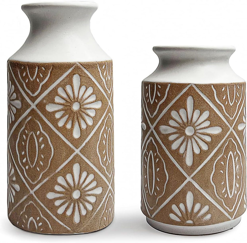 Rustic Ceramic Vase Set of 2 for Living Room Bedroom 11.02'' and 9.05'' Large Unique Flower Vases for Home Decor Office Centerpieces Fireplace Vintage Antique Farmhouse Modern Gift for Plant