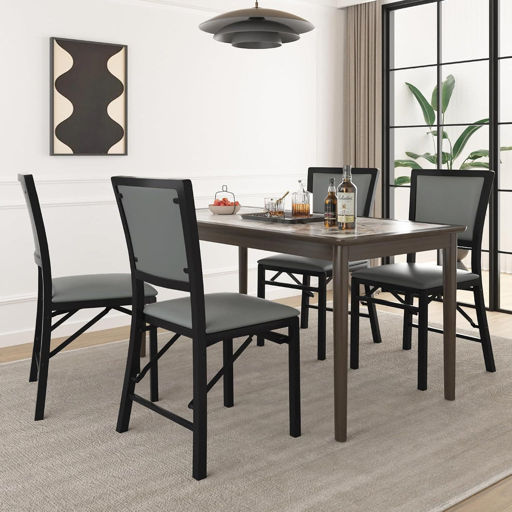 VECELO Folding Chairs Set of 4 with Cushion, Foldable Padded Seats with Heavy Duty Metal Frame for Kitchen/Dining/Living Room, No Assembly & Space Saving Design, Grey