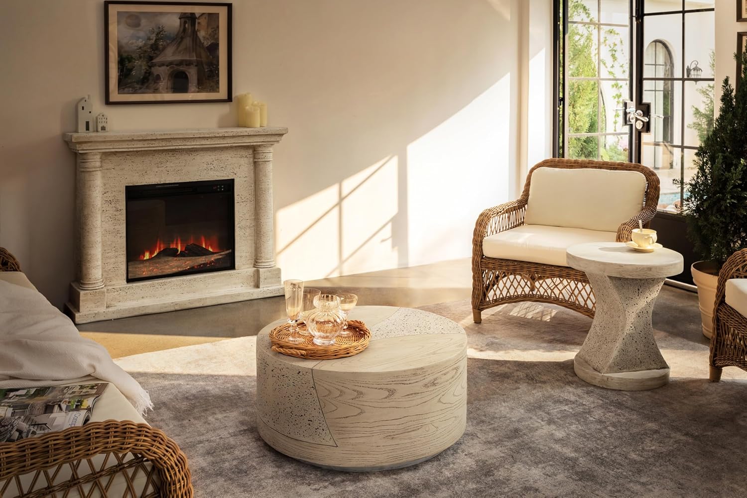 FESTIVITY 17.91" Round MGO Side/End Table with Natural Stone & Wood-Look Finish, Sahara Oak Travertine