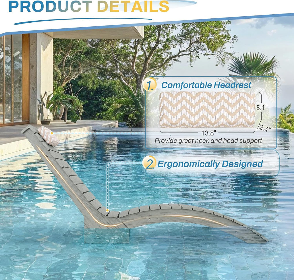 Pool Lounge Chairs Outdoor Set of 2，Aquawave Lounge Chair, HDPS Long Pool Chairs for in Pools, Weighted All Weather Tanning Chair with Headrest for Outside Beach Patio Sun Bathing Hotel, Gray