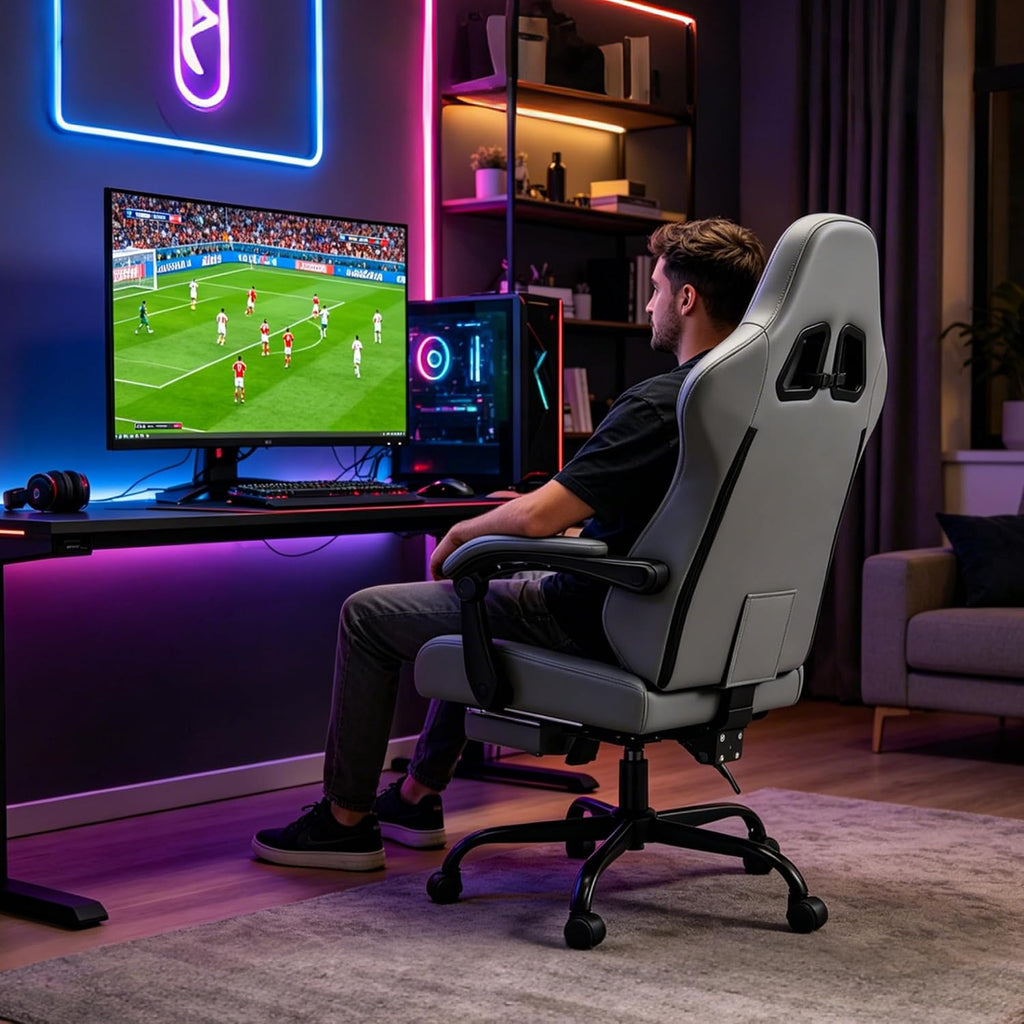 Symino Gaming Chair with Footrest, Linkage Armrests & 10cm Thick Seat, PU Leather Ergonomic Computer Chair, 150° Recline Office Chair, Black