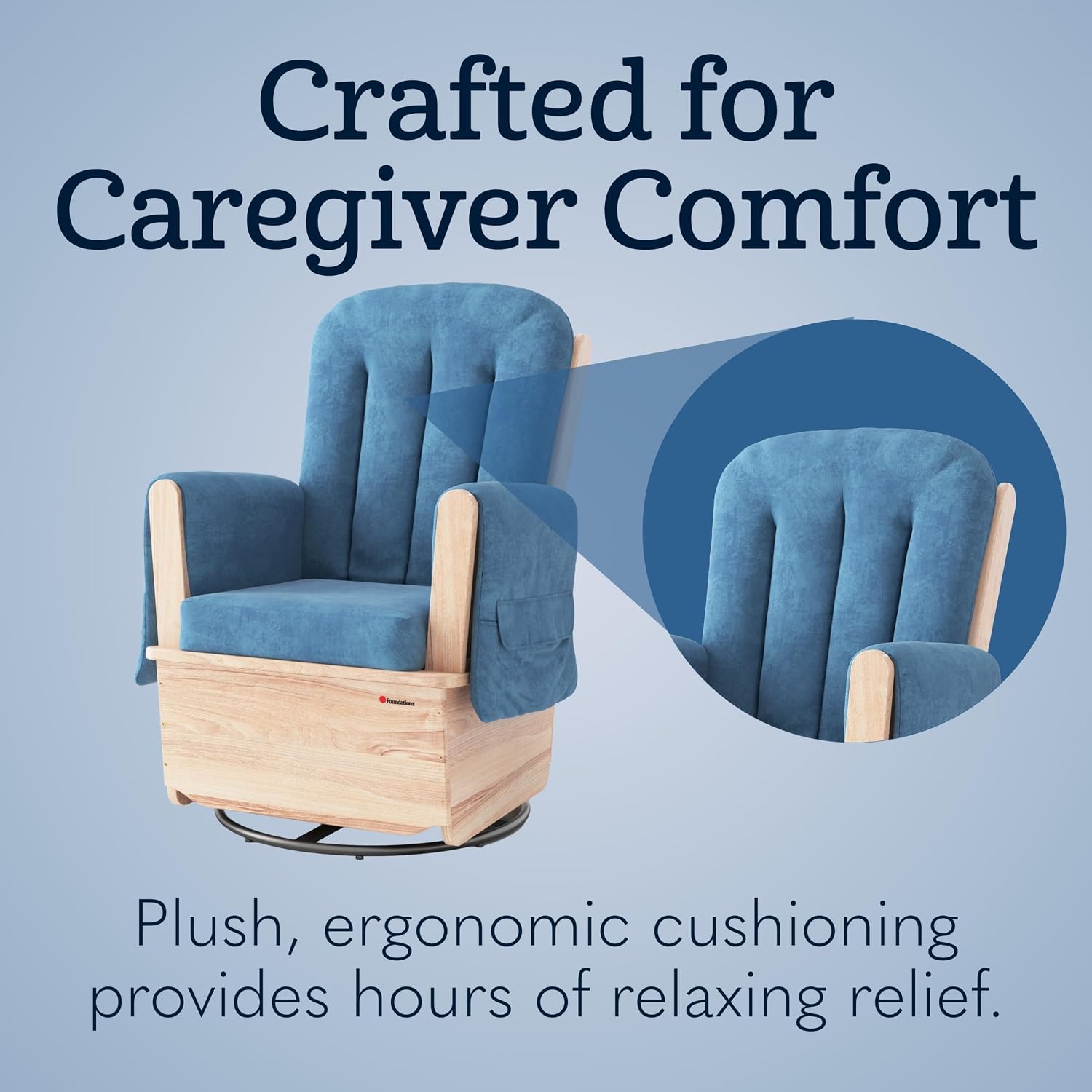 Foundations SafeRocker Glider Rocker with Steel Swivel - Baby Feeding and Rocking Chair for Nursery, Daycare Environment - Nursery Rocking Chairs with Wood Skirt Base - Blue Microfiber