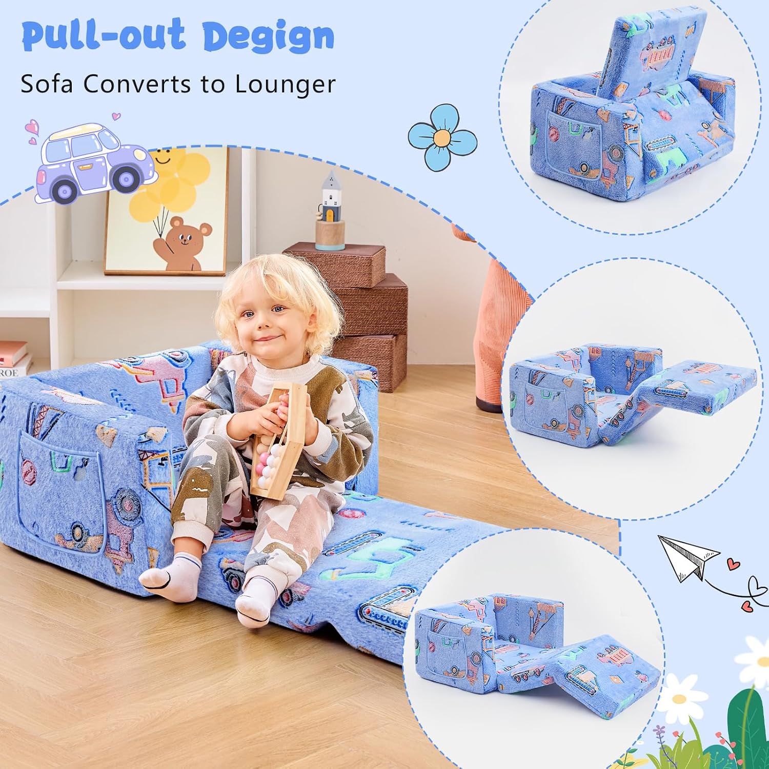 inhand Toddler Chair Comfy,2-in-1 Soft Toddler Couch Fold Out for Kids,Convertible Sofa to Lounger,Gift for Girls and Boys Birthday,Truck