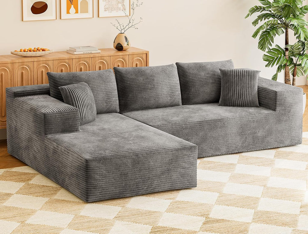 VICTONE 108” Cloud Sectional Couches, Boneless Couch Modular L-Shaped Sofa with Deep Seat, Modern Comfort Upholstered Sofas for Living Room, No Assembly Required (Corduroy, Grey)