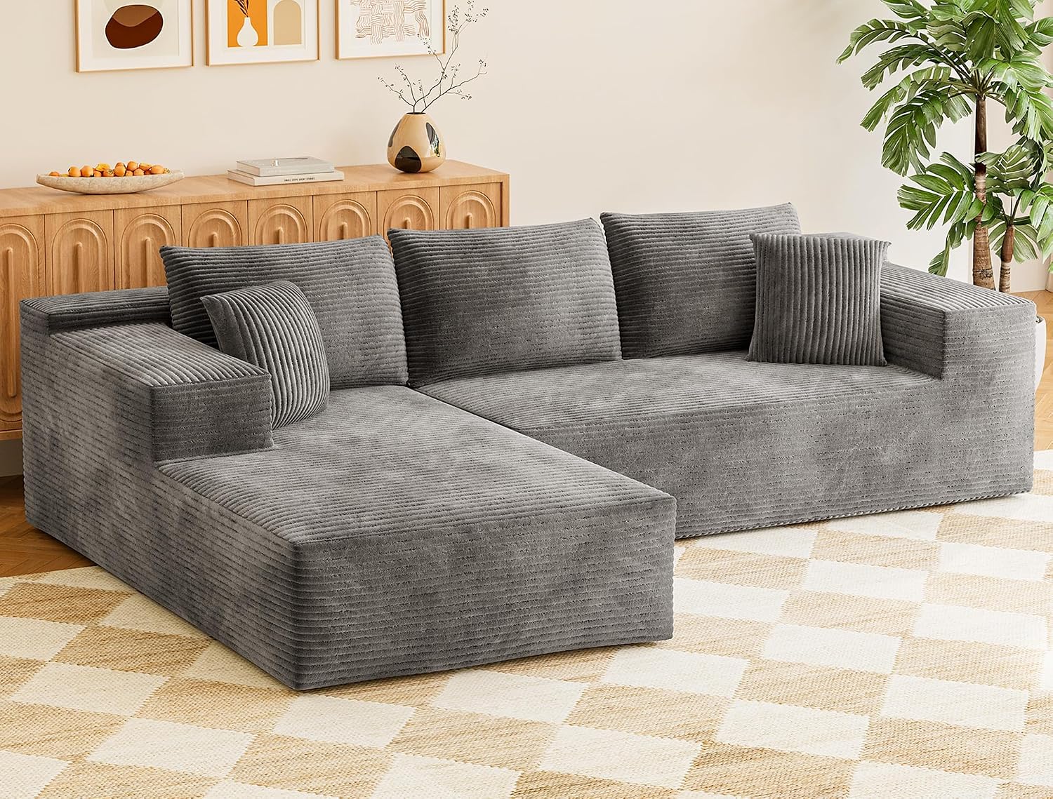 VICTONE 108” Cloud Sectional Couches, Boneless Couch Modular L-Shaped Sofa with Deep Seat, Modern Comfort Upholstered Sofas for Living Room, No Assembly Required (Corduroy, Grey)